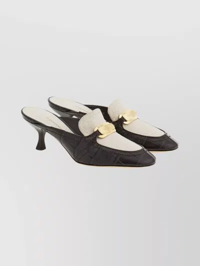 Ferragamo Two-tone Mules With Buckle And Kitten Heel In Black