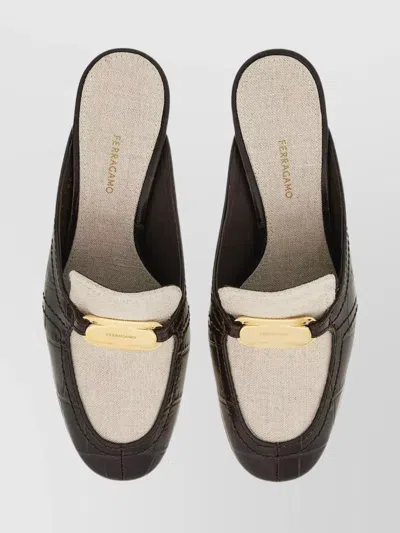 Ferragamo Two-tone Mules With Buckle And Kitten Heel In Black