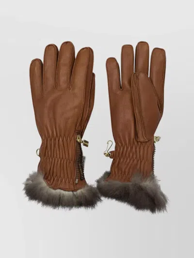 Restelli Quilted Ski Gloves Featuring Fur Trim Design In Brown
