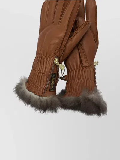 Restelli Quilted Ski Gloves Featuring Fur Trim Design In Brown