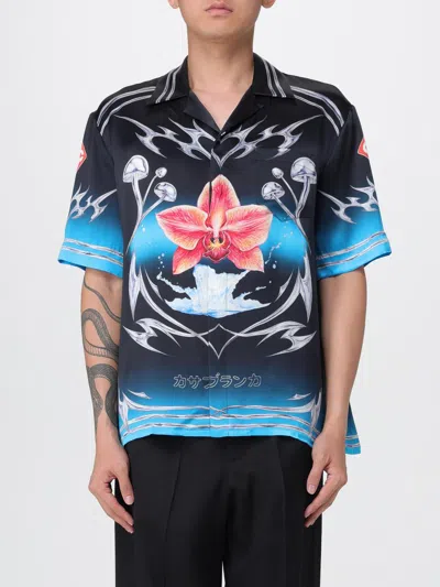 Casablanca Floral Graphic Short Sleeve Satin Top In Blue