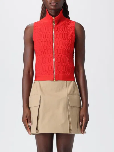 Balmain Textured High Neck Sleeveless Top In Red