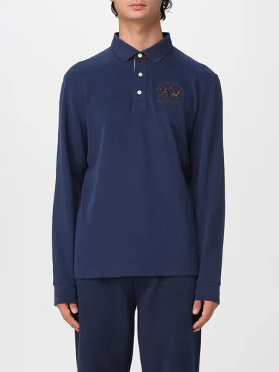 La Martina Beato Long-sleeve Logo-embroidered Polo Shirt In Blue