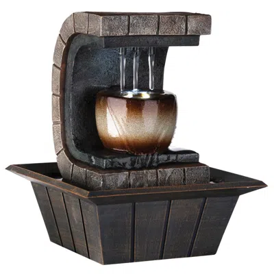 Hivvago C Shaped Polyresin Frame Fountain With Tapered Base And Led Lights, Brown