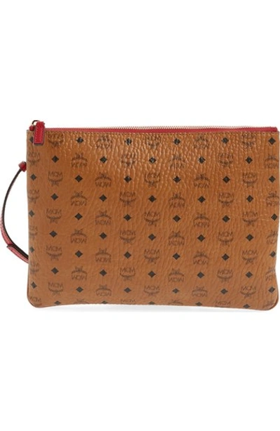 Shop Mcm Heritage Convertible Coated Canvas Zip Pouch - Brown In Cognac