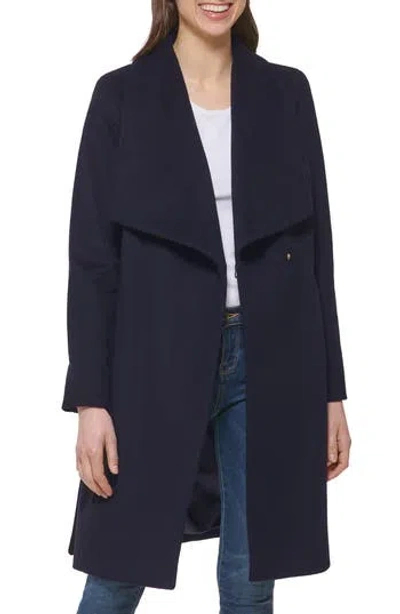 Cole Haan Signature Slick Wool Blend Wrap Coat In Blue