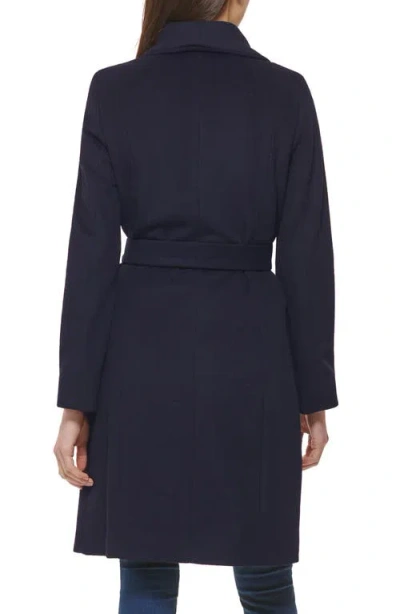 Cole Haan Signature Slick Wool Blend Wrap Coat In Blue
