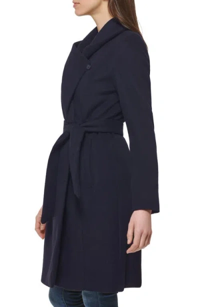 Cole Haan Signature Slick Wool Blend Wrap Coat In Blue