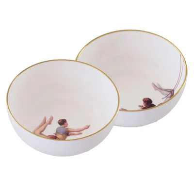 Melody Rose London Gold / White Trapeze Girl And Boy Set Of Two Bone China Cereal Bowls In Multi