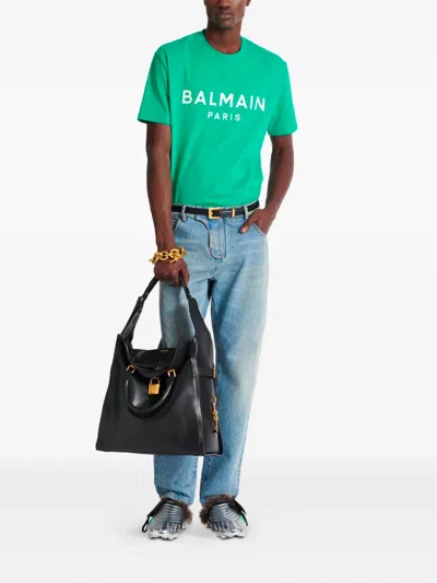 Balmain T-shirt With  Paris Print In Green