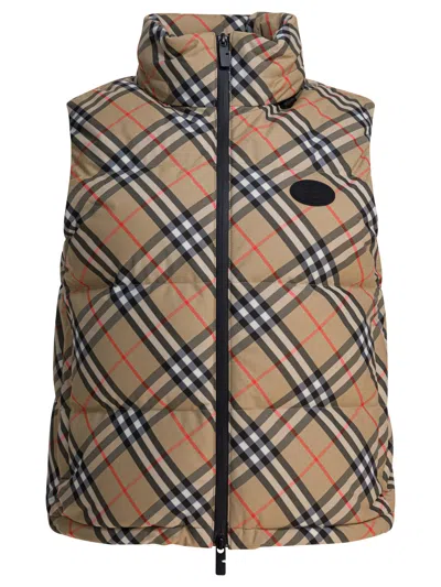Burberry Sleeveless Down Jacket Featuring Check Pattern In Brown