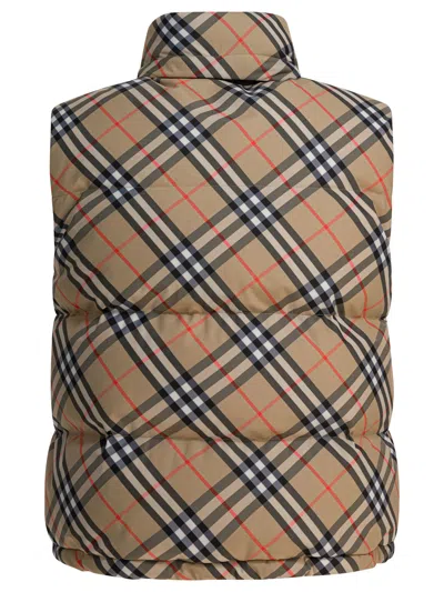 Burberry Sleeveless Down Jacket Featuring Check Pattern In Brown