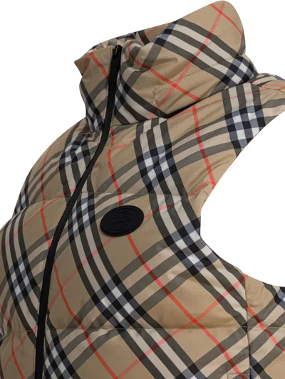 Burberry Sleeveless Down Jacket Featuring Check Pattern In Brown
