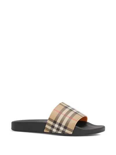 Burberry Brown Slides Sandals With Vintage Check Motif In Polyurethane In Gold