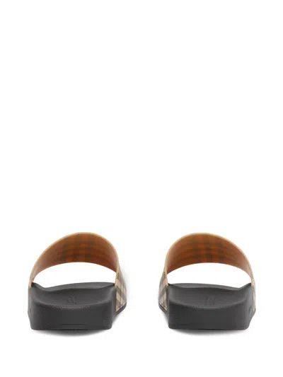 Burberry Brown Slides Sandals With Vintage Check Motif In Polyurethane In Gold
