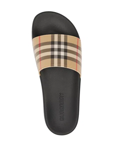 Burberry Brown Slides Sandals With Vintage Check Motif In Polyurethane In Gold