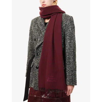 Vivienne Westwood Bordeaux Scarf With Fringed Hem And Orb Embroidery On The Front In Wool Unisex In Burgundy