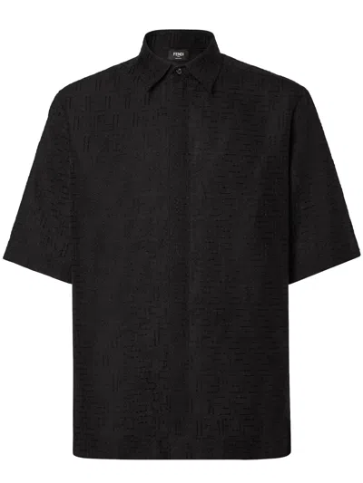 Fendi Men Black Oversize Shirt With Short Wide Sleeves And All-over Ff Embroidery In Linen Blend Man In Black