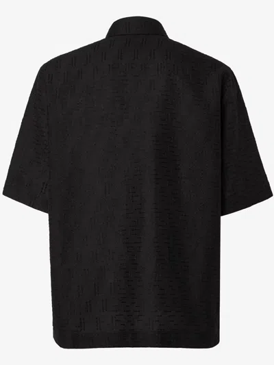 Fendi Men Black Oversize Shirt With Short Wide Sleeves And All-over Ff Embroidery In Linen Blend Man In Black