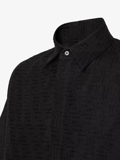 Fendi Men Black Oversize Shirt With Short Wide Sleeves And All-over Ff Embroidery In Linen Blend Man In Black