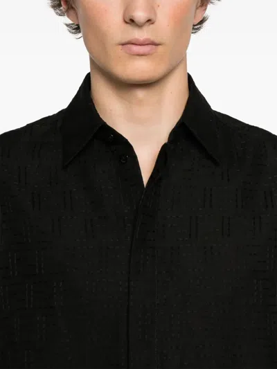 Fendi Men Black Oversize Shirt With Short Wide Sleeves And All-over Ff Embroidery In Linen Blend Man In Black