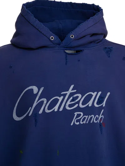 Gallery Dept. Chateau Ranch Distressed Paint-splattered Logo-print Supima Cotton-jersey Hoodie In Blue