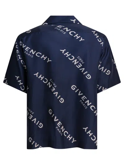 Givenchy Convertible-collar Logo-print Silk-twill Shirt In Blue