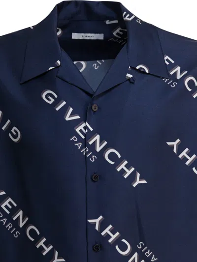 Givenchy Convertible-collar Logo-print Silk-twill Shirt In Blue