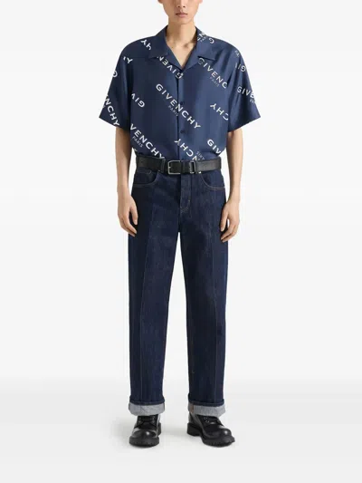 Givenchy Convertible-collar Logo-print Silk-twill Shirt In Blue