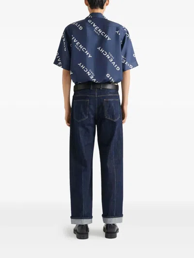 Givenchy Convertible-collar Logo-print Silk-twill Shirt In Blue