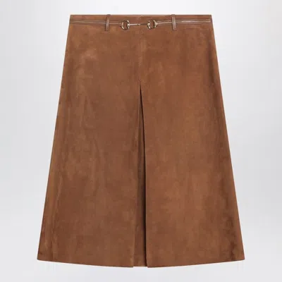 Gucci Brown Suede Skirt With Horsebit Detail Women In Brown