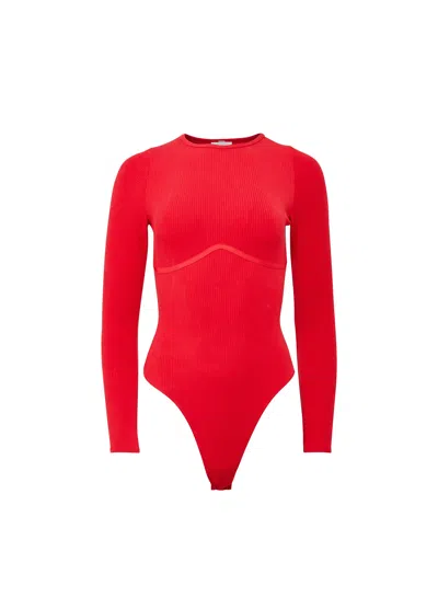 Fleur Du Mal Hourglass Rib Long Sleeve Thong Bodysuit Rouge In Red