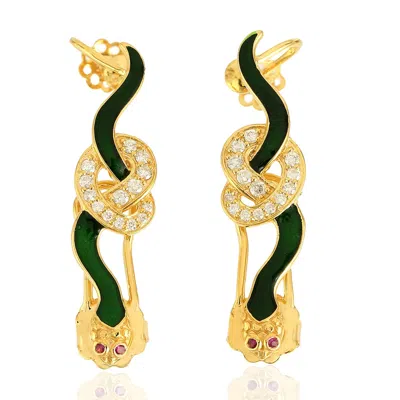 Artisan Women's Yellow / White / Gold Statement Snake Enamel Ear Climbers In Gold With Diamond & Ruby Accent In Gold