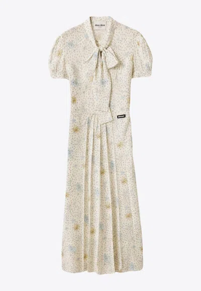 Miu Miu Printed Silk Midi Dress In Neutral