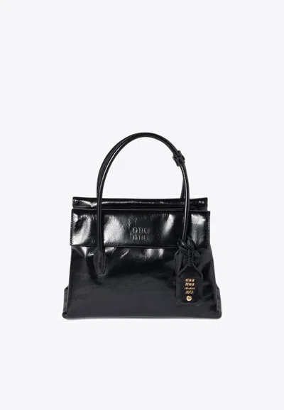 Miu Miu Solitaire Shiny Leather Top Handle Bag In Black