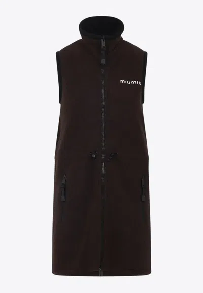 Miu Miu Mini Dress With Drawstring Waist And High Collar In Brown