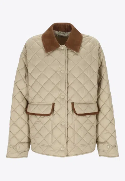 Miu Miu Quilted Jacket With Suede Collar And Pockets In Neutral