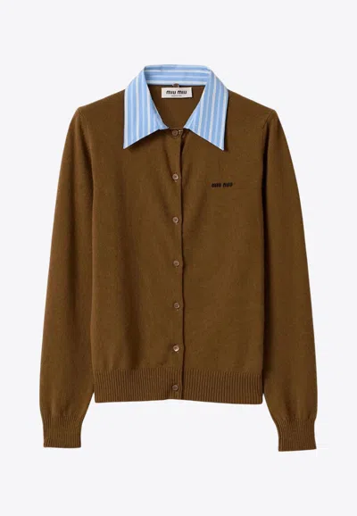 Miu Miu Cashmere Cardigan With Detachable Stripe Collar In Brown