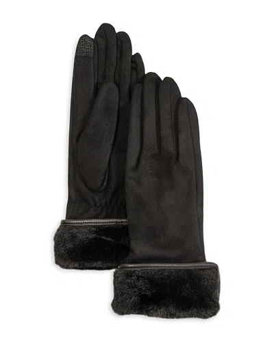 Echo Stretch Suede Fold-up Faux Fur Cuff Gloves In Black