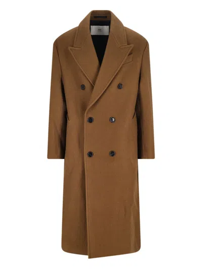 Ami Alexandre Mattiussi Double-breasted Coat Featuring Back Vent And Notched Lapels In Brown
