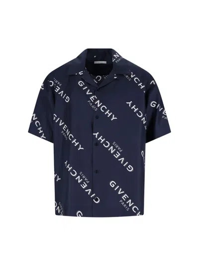 Givenchy Convertible-collar Logo-print Silk-twill Shirt In Blue