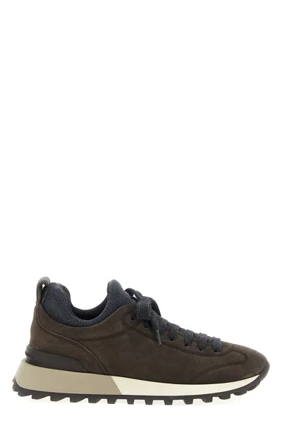 Brunello Cucinelli Suede Flannel Microsole Runner Sneakers With Monili Pull Tab In Animal Print
