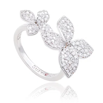 Suzy Levian Sterling Silver Cubic Zirconia Between The Finger Double Flower Ring In Metallic