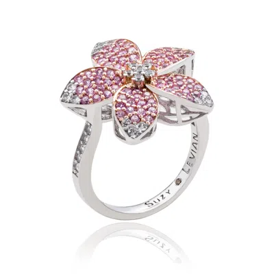 Suzy Levian Silver 0.02 Ct. Tw. Diamond & Gemstone Flower Ring In Metallic