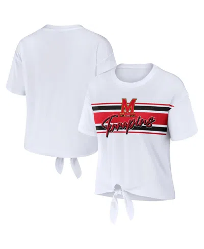 Wear By Erin Andrews Women'swhite Maryland Terrapins Striped Front Knot Cropped T-shirt In White
