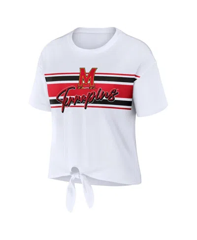 Wear By Erin Andrews Women'swhite Maryland Terrapins Striped Front Knot Cropped T-shirt In White