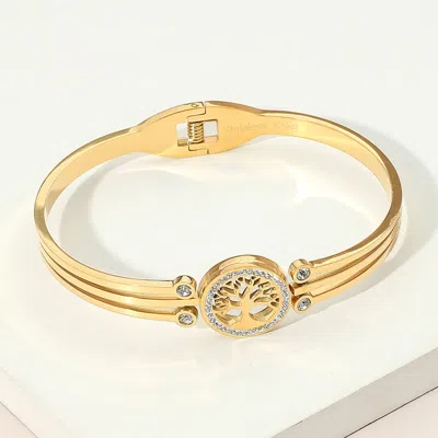 Fashnzfab Stainless Steel Tree Of Life Cz Stone Accent Hinged Bangle Bracelet Gold In Gold