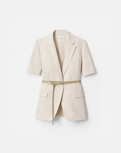 Lafayette 148 Silk Linen Belted Short Sleeve Fitted Jacket In Pearl
