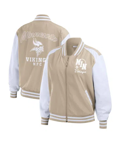 Wear By Erin Andrews Women's Tan Minnesota Vikings Tonal Full-zip Bomber Jacket In Multi