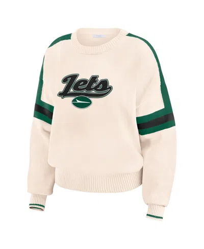 Wear By Erin Andrews Women's Cream New York Jets Stripe Pullover Sweater In White